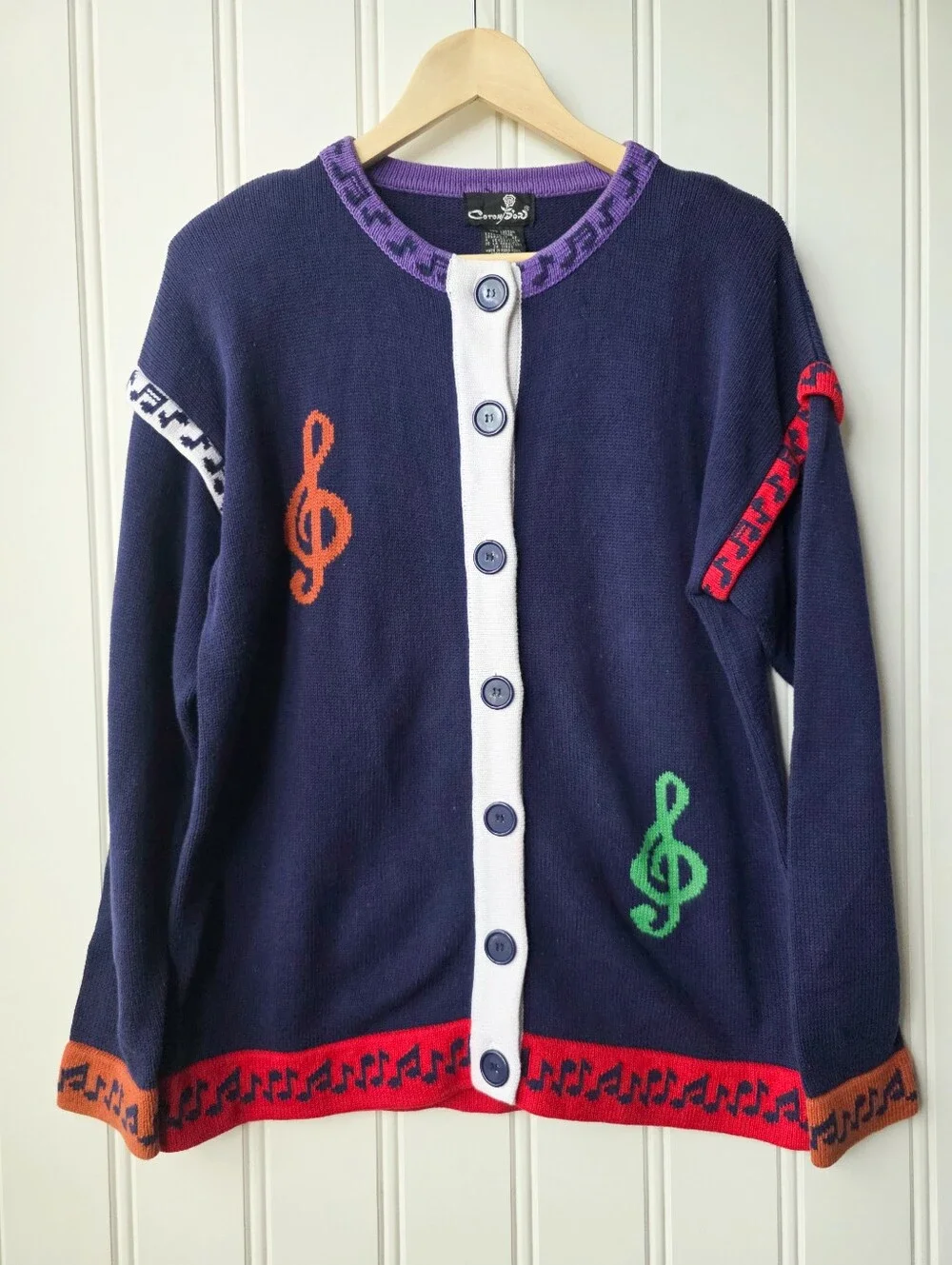 Vintage Coton D'or Musical Note Button Up Cardigan Sweater Purple Womens Medium - Picture 1 of 7